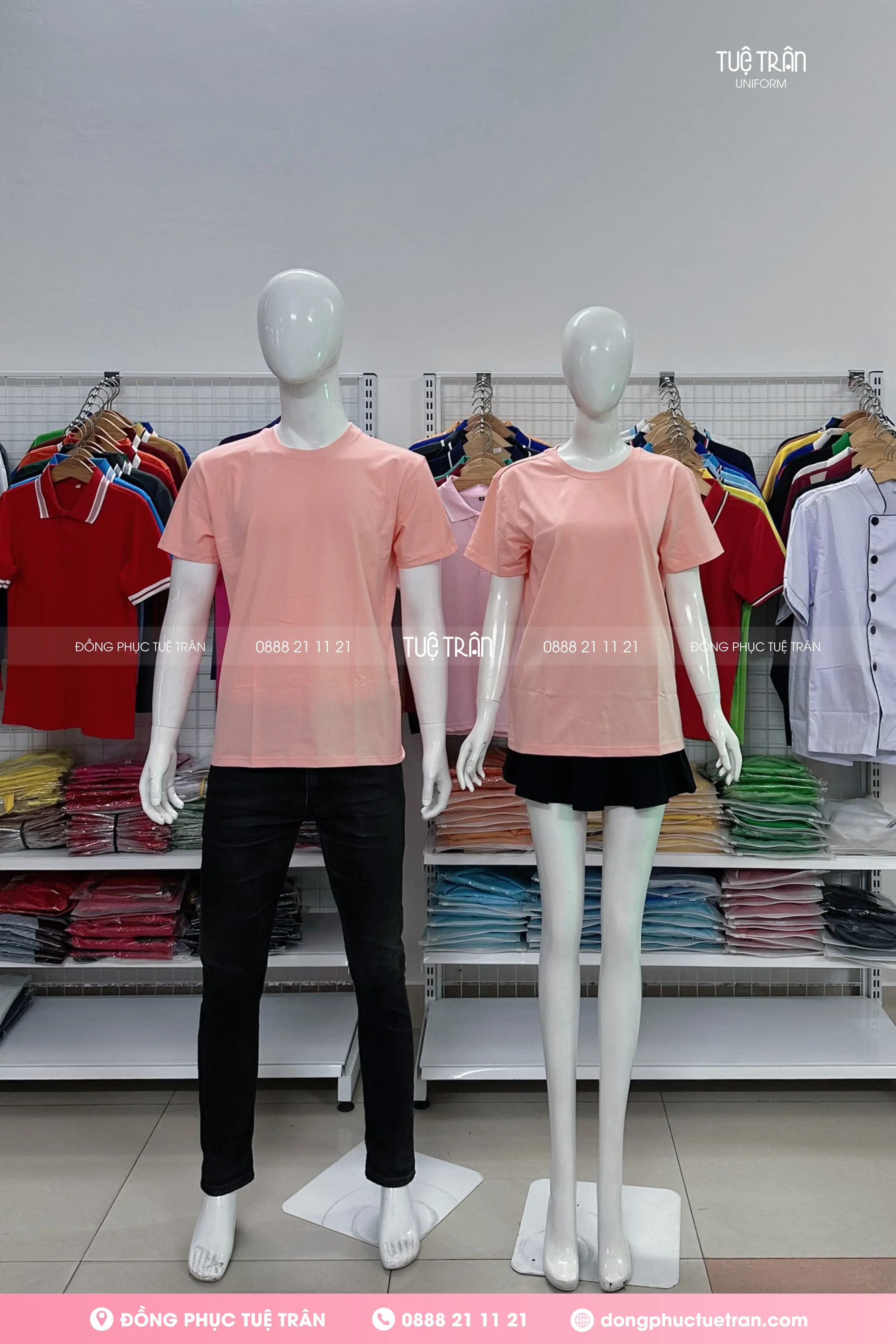 Đồng phục áo thun cổ tròn cotton màu hồng dâu